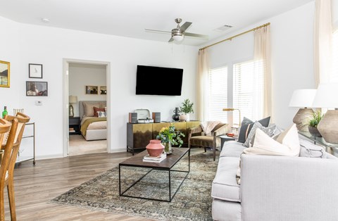 a living room with a couch and a coffee table and a tv on the wall